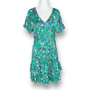 Vintage Howard Wolf Green Abstract Floral Print Mini Dress Ruffle Hem Made USA 6